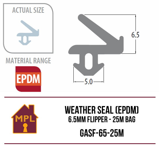 Weather Seal (EPDM) 6.5mm Flipper - 1m Bag